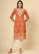 Georgette Orange Casual Wear Embroidery Work Readymade Kurti